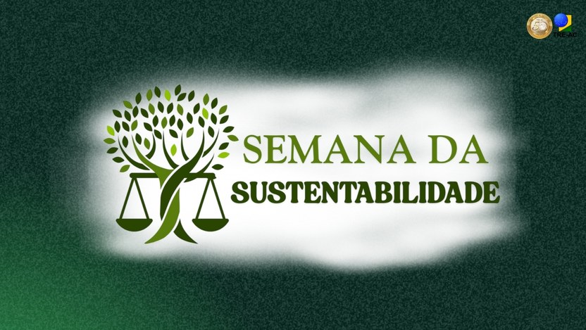 Banner com fundo verde e texto "Semana da Sustentabilidade". À esquerda, uma árvore estilizada c...