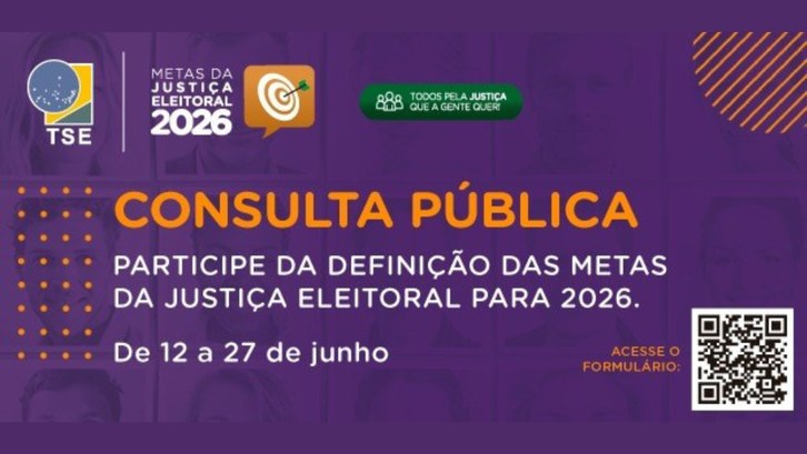 Consulta pública sobre as metas da Justiça Eleitoral para 2026 já está no ar Cidadãs e cidadãos podem enviar contribuições por meio de formulário on-line até o dia 27 de junho