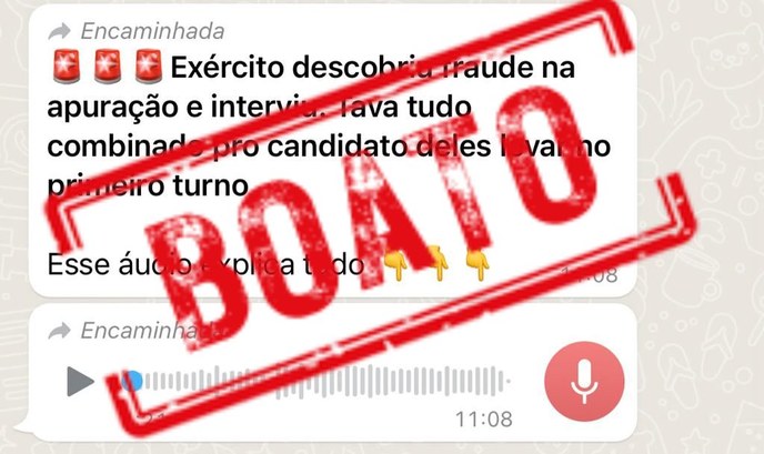É boato que hackers russos avisaram o Exército brasileiro sobre fraude no primeiro turno Mensagem de áudio engana ao dizer que militares agiram após serem avisados de fraude pelos russos