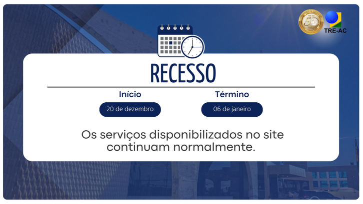 TRE-AC: Atendimento no recesso será em horário reduzido Secretaria e Cartórios Eleitorais funcionarão das 8h às 12h em datas específicas entre dezembro ...