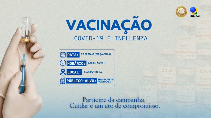 TRE-AC e Secretaria de Saúde promovem vacinação para servidores e familiares Card de divulgação com fundo em tons claros. À esquerda, há a imagem de uma mão com luva seguran...